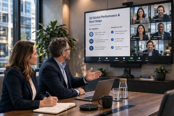 Business English Training für Führungskräfte: Hybrides Meeting mit internationalem Team, Präsentation zu globaler Performance und englischer Führungskommunikation