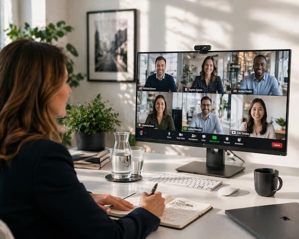 Person nimmt an einem professionellen englischen Online‑Meeting mit mehreren Teilnehmenden teil.