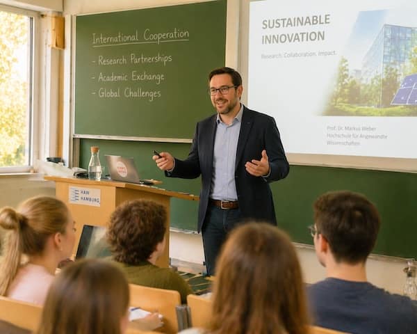 Dozent präsentiert Inhalte zu internationaler Kooperation und nachhaltiger Forschung in einer Hochschulvorlesung.