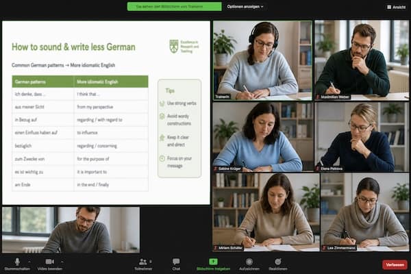 Online‑Workshop zum Thema „Germanisms vermeiden Englisch Hochschule“ mit geteilter Präsentation und mehreren Teilnehmenden.