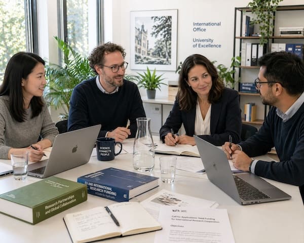 Team im International Office einer Hochschule bespricht internationale Projekte und englischsprachige Kommunikation.