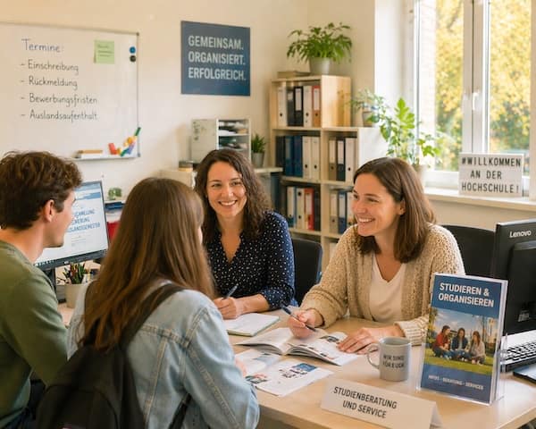 Studienberatungsteam unterstützt Studierende bei Einschreibung, Bewerbungsfristen und Auslandsaufenthalten in einer Hochschulservice‑Situation.