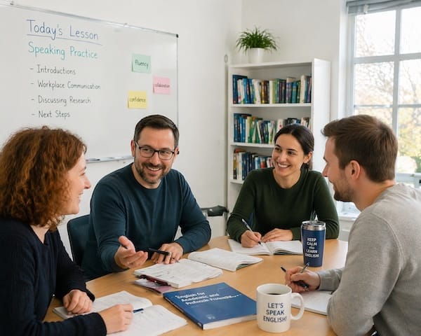 Gruppe von Hochschulmitarbeitenden im Englischtraining mit Fokus auf Speaking Practice und akademische Kommunikation.