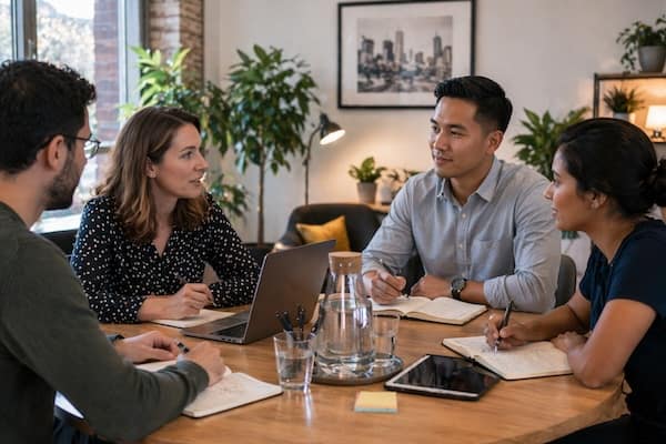 Internationales Team diskutiert konzentriert in einem englischsprachigen Meeting.