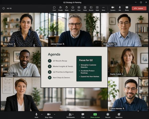 Internationales Remote‑Team arbeitet in einer Videokonferenz gemeinsam an Meeting‑Inhalten.