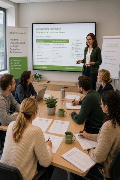 Workshop an einer Hochschule zum Thema „Germanisms vermeiden Englisch Hochschule“ mit Präsentation, Trainerin und Teilnehmenden.