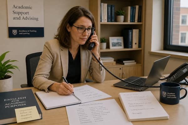 Hochschulmitarbeitende telefoniert und arbeitet mit englischen Unterlagen im Rahmen der Englischmodule für Hochschulen.