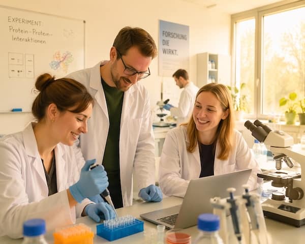 Forschungsteam im Labor arbeitet gemeinsam an einem wissenschaftlichen Experiment zu Protein-Interaktionen und benötige Sprachkurse Hochschule