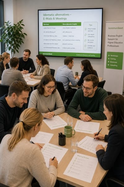 Inhouse‑Business‑English‑Training zu idiomatischen Alternativen und Germanisms vermeiden, mit Präsentation und Teilnehmenden.