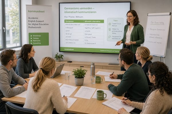 Präsenz‑Workshop zum Thema „Germanisms vermeiden Englisch Hochschule“ mit Trainerin, Präsentation und Teilnehmenden.