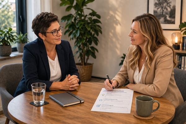 Deutsch für Führungskräfte: Coaching‑Gespräch zwischen Führungskraft und Trainerin, Arbeitsblatt zur Karriereplanung auf dem Tisch, professionelle Lernumgebung.