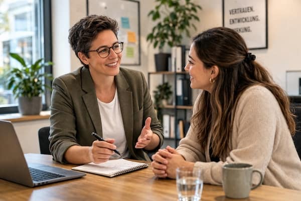 Deutsch Coaching für Führungskräfte: intensives 1:1‑Coaching im Büro, Gespräch zwischen Trainerin und Führungskraft, professionelle Lernumgebung.
