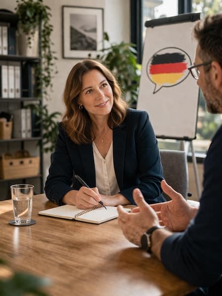 Deutsch Einzeltraining für Führungskräfte: intensives 1:1‑Coaching, Gespräch zwischen Trainerin und Führungskraft, Flipchart mit deutscher Flagge, professionelle Lernumgebung.