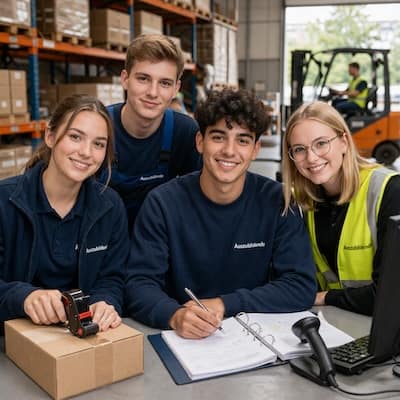 Auszubildende und Studierende arbeiten gemeinsam an einer Aufgabe – typische Zielgruppe für berufsbezogene Deutschkurse im Unternehmen.