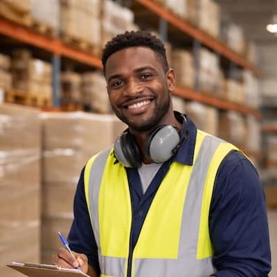 Mitarbeitende in der Logistik mit Sicherheitsweste und Clipboard – typische Situation für einen berufsbezogenen Deutschkurs im Unternehmen.