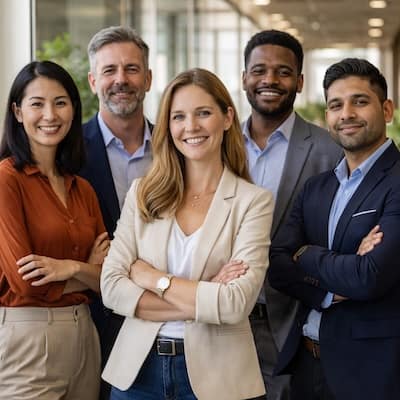 Führungskräfte und Teamleitungen nehmen an einem Englischtraining im Büro teil; Business‑English für Unternehmen mit Fokus auf Leadership‑Kommunikation.