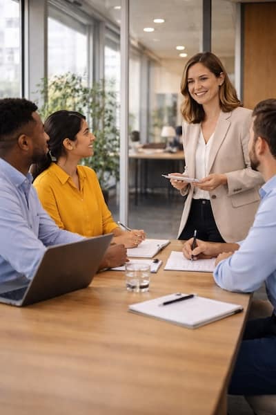 Mitarbeitende in einer Business‑English‑Trainingssituation im Unternehmen; praxisnahes Englischtraining mit realen Beispielen und Lehrkraft.