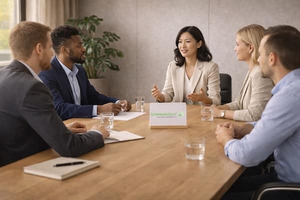 Fünf Personen in einem professionellen Meeting zu Business‑English‑Verhandlungen für Unternehmen, Gesprächssituation am Konferenztisch.