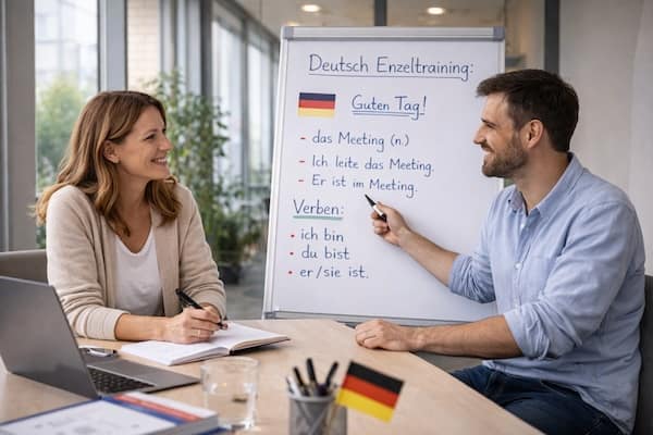 Deutsch Einzeltraining im Unternehmen: Trainerin erklärt berufliche Redemittel, während ein Mitarbeitender Notizen macht.