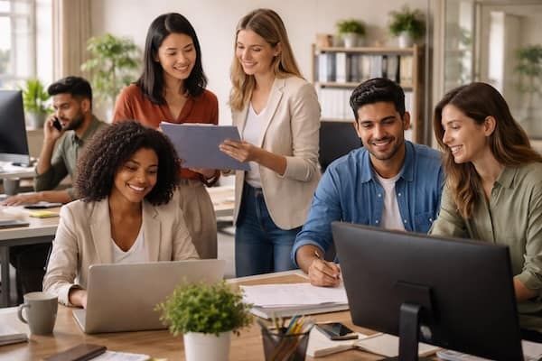 Team arbeitet im Büro gemeinsam an Aufgaben – typische Situation für einen Deutschkurs im Unternehmen zur Verbesserung der Teamkommunikation.