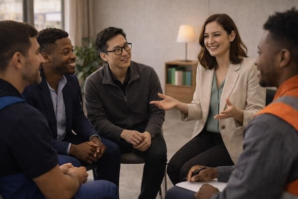 Gruppe von Mitarbeitenden sitzt im Kreis und trainiert gemeinsam Kommunikation im Deutschkurs für Unternehmen.