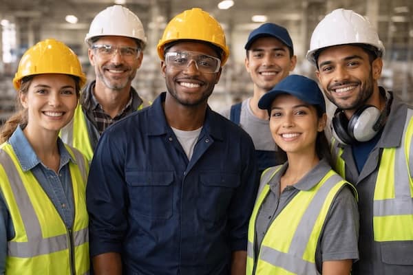 Team internationaler Mitarbeitender in der Produktion mit Sicherheitsausrüstung – typische Zielgruppe für einen Deutschkurs im Unternehmen