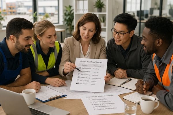 Team im Deutschkurs für Unternehmen arbeitet gemeinsam an beruflichem Wortschatz für Produktion und Arbeitsalltag.