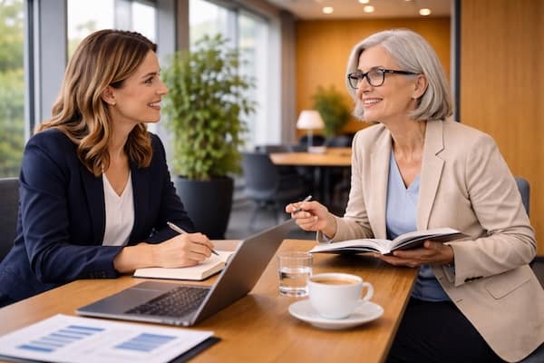 Einzeltraining in Business English: Zwei Personen im Coaching‑Gespräch am Tisch mit Laptop und Unterlagen.