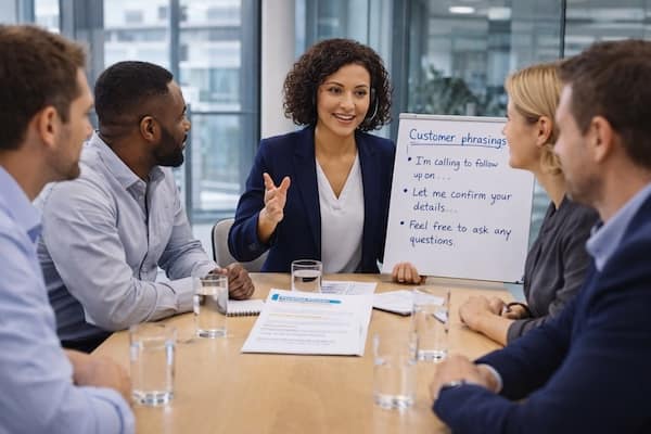 Gruppentraining in Business English: Lehrkraft erklärt Kund:innenformulierungen am Whiteboard im Meetingraum.