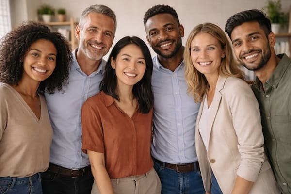 Internationale Fachkräfte und Mitarbeitende lernen gemeinsam Englisch im Büro; praxisnahes Englischtraining für Unternehmen.