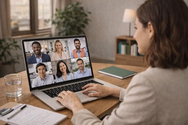Online‑Englischtraining: Person nimmt an einem Videokonferenz‑Training mit mehreren Teilnehmenden teil.