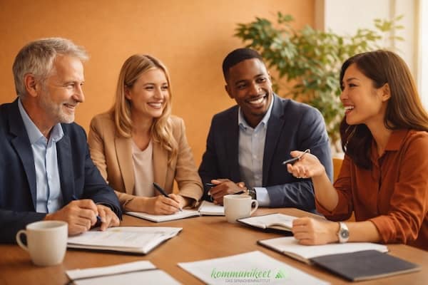 Vier Personen in einem professionellen Meeting, die sich über Kommunikation und Firmensprachkurse austauschen, mit warmem Licht und Pflanze im Hintergrund.