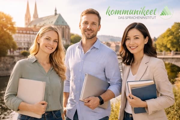 Drei Personen im Gespräch über Firmensprachkurse in Görlitz, mit Unterlagen und Laptop am Flussufer vor historischer Kulisse.