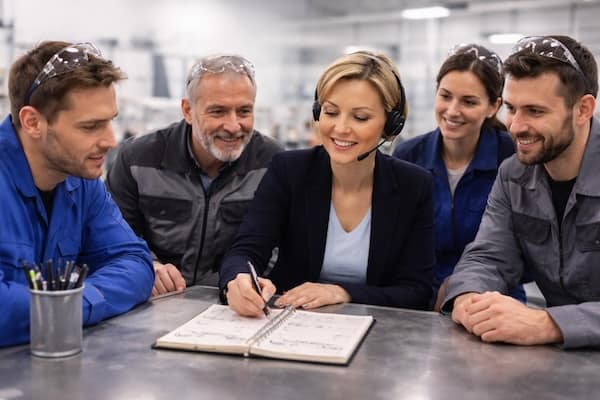 Personen im Unternehmen arbeiten gemeinsam an einem personalisierten Englischtraining in einer praxisnahen Lernsituation.