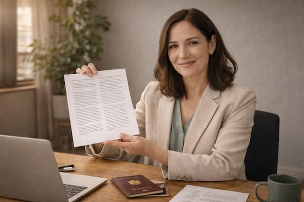 Person präsentiert ein übersetztes Dokument in einem professionellen Bürosetting – ideal für beglaubigte Übersetzungen und Dokumentenprüfung.