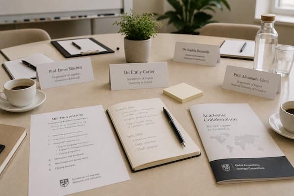 Internationales Hochschulmeeting mit englischer Agenda und akademischen Materialien.