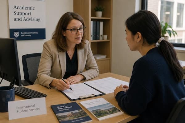 Beratungsgespräch im International Office im Rahmen der Englischmodule für Hochschulen.