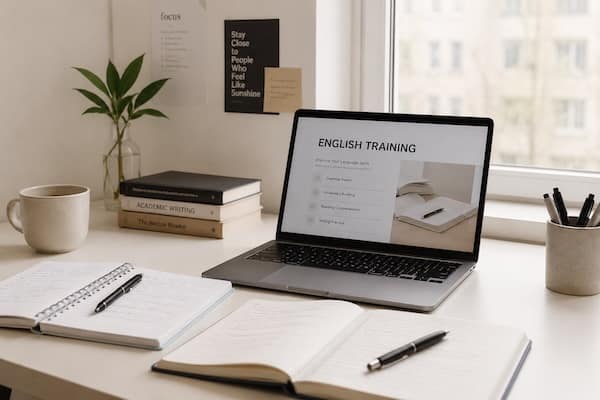Ruhiger Hochschul‑Arbeitsplatz mit Laptop und Unterlagen für englischmodule für hochschulen.