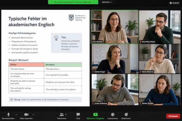 Online‑Workshop zu typischen Fehlern im akademischen Englisch mit Präsentation und Teilnehmenden.