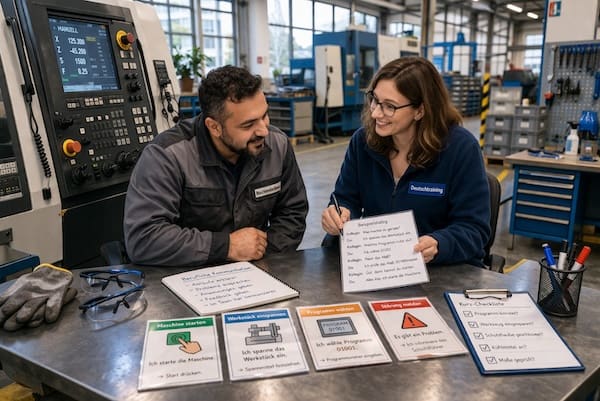 Deutsch für Produktion, Logistik & Technik: Mitarbeitende bedienen Maschinen und verstehen technische Anweisungen.