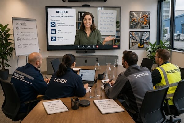 Deutsch für Produktion, Logistik & Technik: Online‑ und Hybridtraining für Industrie und Logistikteams.