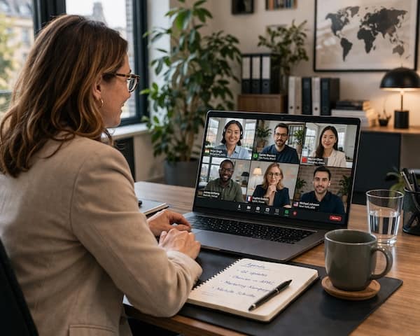 Business English Training für Führungskräfte im Online‑Meeting: Führungskraft in Videokonferenz mit internationalem Team, Notizen und Agenda für englische Kommunikation.