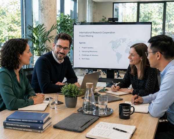 Forschungsteam und Hochschulmitarbeitende besprechen internationale Forschungskooperationen in einem Projektmeeting.
