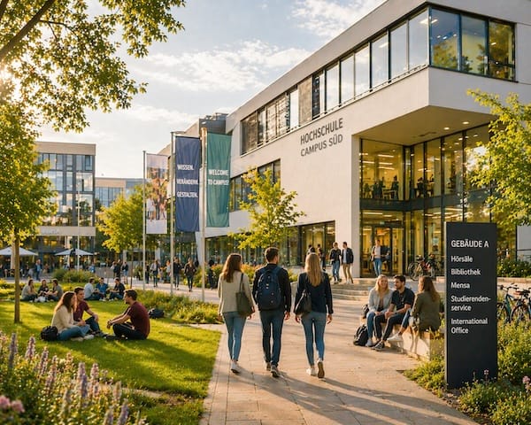 Moderner Hochschulcampus mit Studierenden, International Office und Studierendenservice im Außenbereich.